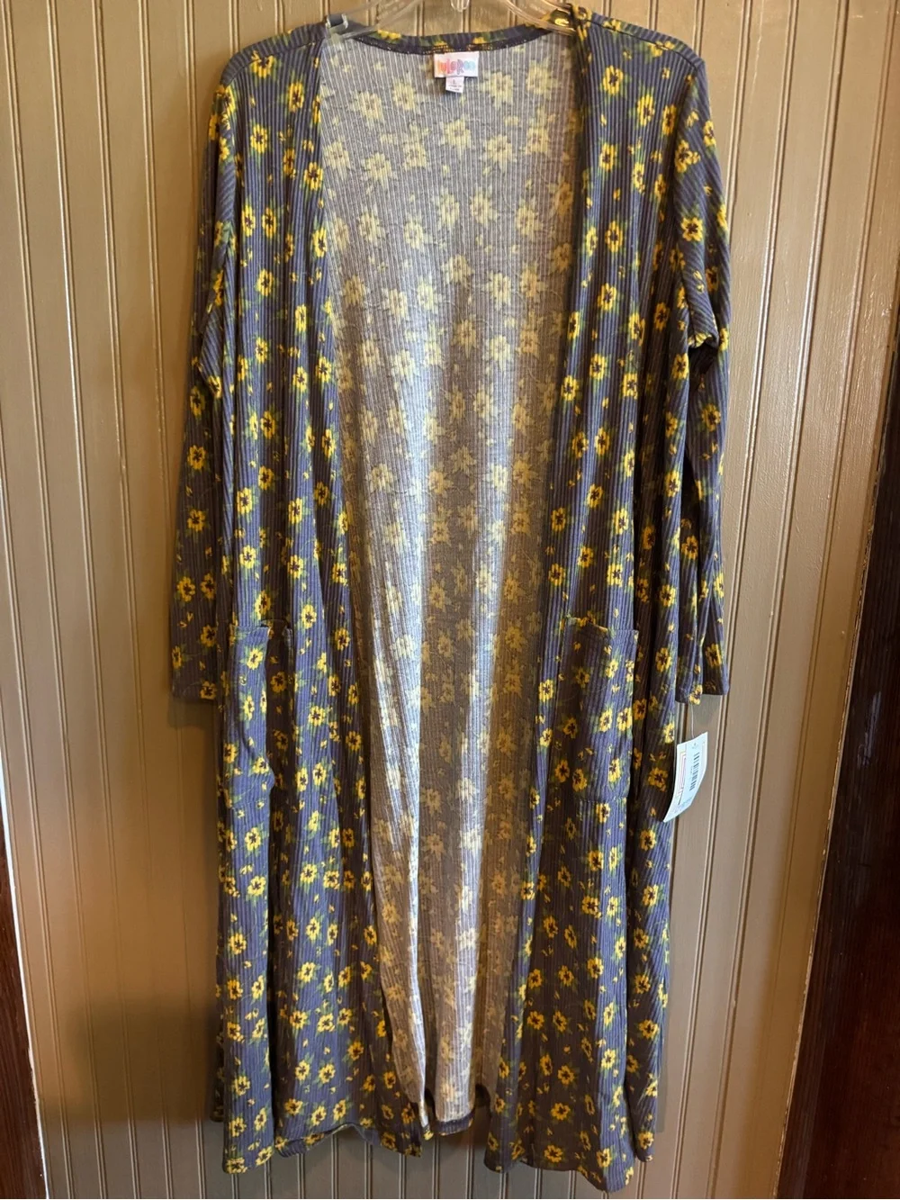 NWT LuLaRoe Sarah Blue Floral Ribbed Duster with Yellow Flowers large
